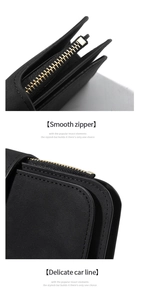 Detail of golden zipper and fine stitching on the black leather of the women's wallet