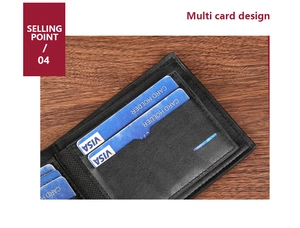 Detail view of the black leather wallet interior featuring multiple card slots and visa inserts