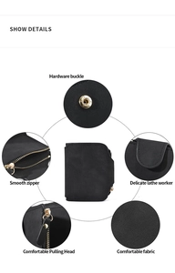 Close-up of black matte wallet featuring gold hardware buckle and delicate stitching