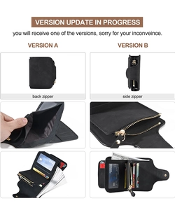 Detailed view of the multi-slot black matte leather wallet showing zip and card layout