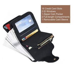 Detailed interior of black leather wallet showing 16 card slots and dual cash compartments
