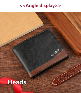 Close-up of men's bifold wallet with black litchi grain leather and brown accent detail