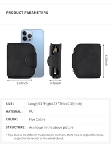Detailed views of women's short PU leather wallet showing size specs and inner compartments