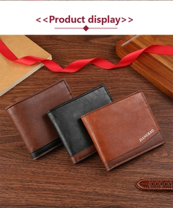 Three men's short leather wallets in brown and black on a textured wood background
