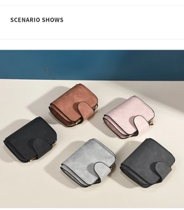 Short bi-fold wallets in multiple colors with matte leather texture and metal zipper