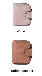 Detail of two pink matte leather wallets featuring metal zippers and snap button closures