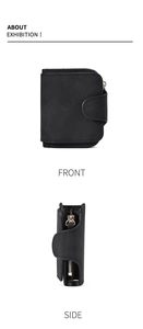 Front and side view of black textured leather wallet featuring gold zipper detail