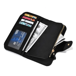 Classic black tri-fold wallet for women with multiple card slots and zipper pocket