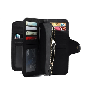 Women's matte black tri-fold wallet with multi-card slots and secure zip pocket