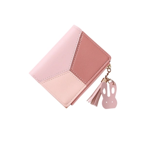 Three-tone pink patchwork women's short wallet with tassel and rabbit pendant charm