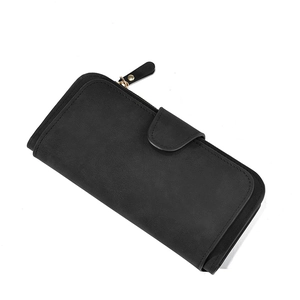 Minimalist black matte leather tri-fold long wallet for women with golden zipper detail
