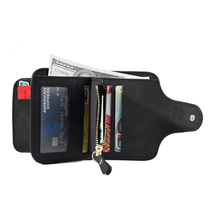 Classic black faux leather short wallet with multiple card slots and large capacity coin pocket