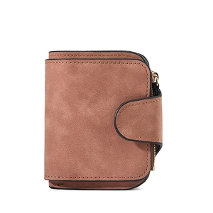 Vintage brown leather short wallet for women featuring bifold design and secure zipper pocket
