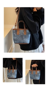 Drei-Wege-Ansicht der Bucket-Bag mit Denim-Textur, braunem Lederbesatz und Schultergurt