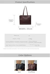 Detailed size specifications and color options for the vintage large capacity PU tote bag