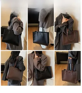 Multiple views of large vintage tote bag in black and brown with gold rivet details