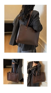 Three-angle view of a vintage dark brown tote bag with elegant golden metal rivets