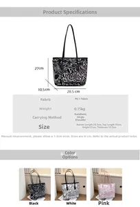 Detailed size specifications and color options for the trendy graffiti tote bag