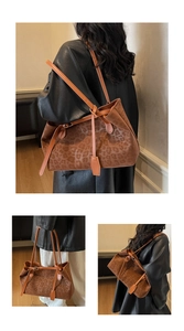 Three-way display of large leopard print tote bag with bright orange straps on shoulder