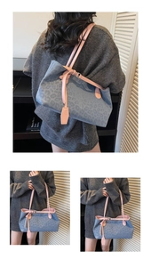 Detail of blue leopard print tote bag with contrasting pink leather straps and tag