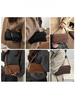 Detail shots of minimalist leopard print faux suede shoulder bags on models in cafe