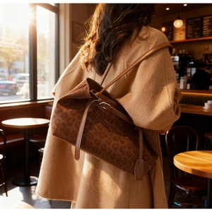 Detailed view of leopard print tote bag with brown leather straps in a cozy cafe setting