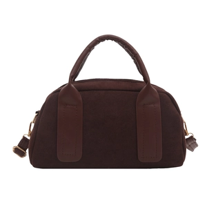 Borsa Boston retrò in camoscio marrone scuro con manici in pelle e dettagli dorati