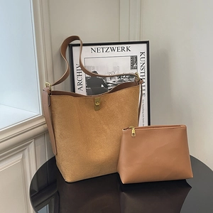 Women's Vintage Suede Bucket Bag Large Capacity Tote And Pouch With Metallic Turn Lock Urban Minimalist Retro Shoulder Bag