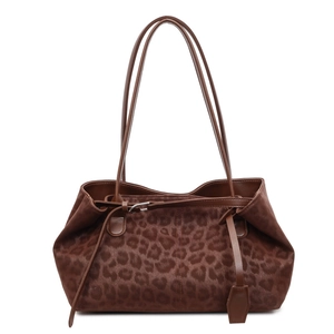 Large leopard print faux suede tote bag with slim leather straps for women