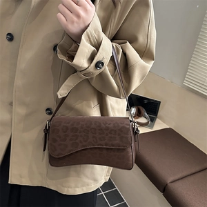 Brown leopard print shoulder bag with flap closure and suede texture for women