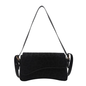 Retro black leopard pattern suede underarm bag with unique asymmetric wave flap design