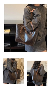 Detail of vintage dark brown tote bag in litchi grain leather for winter fashion