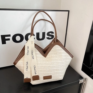 Women Straw Woven Tote Bag Large Capacity Shoulder Handbag With PU Leather Trim Ribbon Scarf V-Shaped Summer Vacation