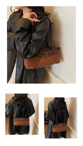Détails du sac bandoulière en daim marron avec boucle dorée et lanières en cuir chic