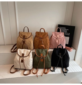 Collection de sacs à dos rétro en velours en six couleurs avec finitions en cuir et cordon