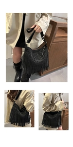 Close-up of black fringe shoulder bag featuring suede texture and leopard print panel