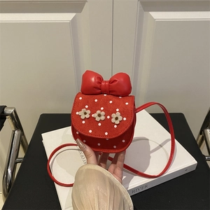 Sac bandoulière rouge mignon pour enfants avec pois blancs et fleurs 3D pour filles