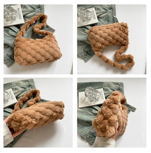 Detail view of brown plush woven tote bag with soft texture and wide shoulder strap