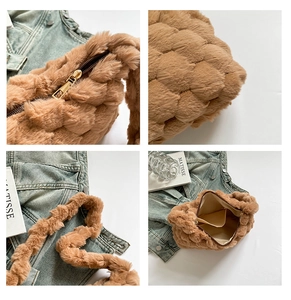 Detail view of brown faux fur woven bag featuring a golden zipper and soft inner lining