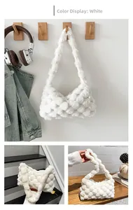 Detail view of white plush tote bag with bubble texture shown in lifestyle settings