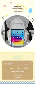 Size chart for the 30x15x42cm nylon plaid backpack with a tablet comparison view