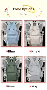 Collage of checkered backpacks in blue, khaki, green, and gray with fluffy ball charms