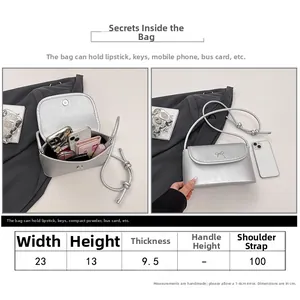Size guide for silver bow crossbody bag showing dimensions 23cm by 13cm by 9.5cm