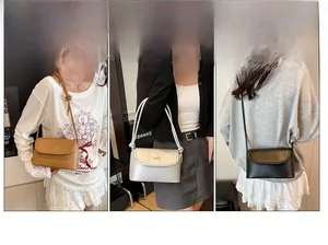 Three-way split view showing small bow accent bags in brown, silver, and black finishes