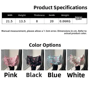 Detailed size chart for bow underarm bag with dimensions 21.5x13.5x8cm and color options