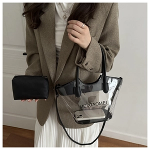 Détail du sac seau transparent en PVC avec bordure en cuir noir et pochette intérieure