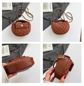Detailed four-angle view of brown quilted mini crossbody bag with gold flower accent
