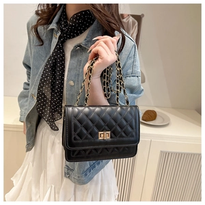 Close-up of black quilted chain bag with gold twist lock and elegant woven strap