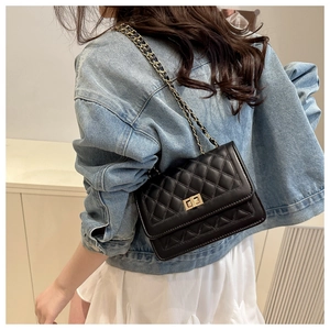 Classic black quilted crossbody bag with gold chain strap shown on a female model