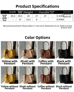 Size chart showing large tote and small pouch dimensions for suede bucket bags